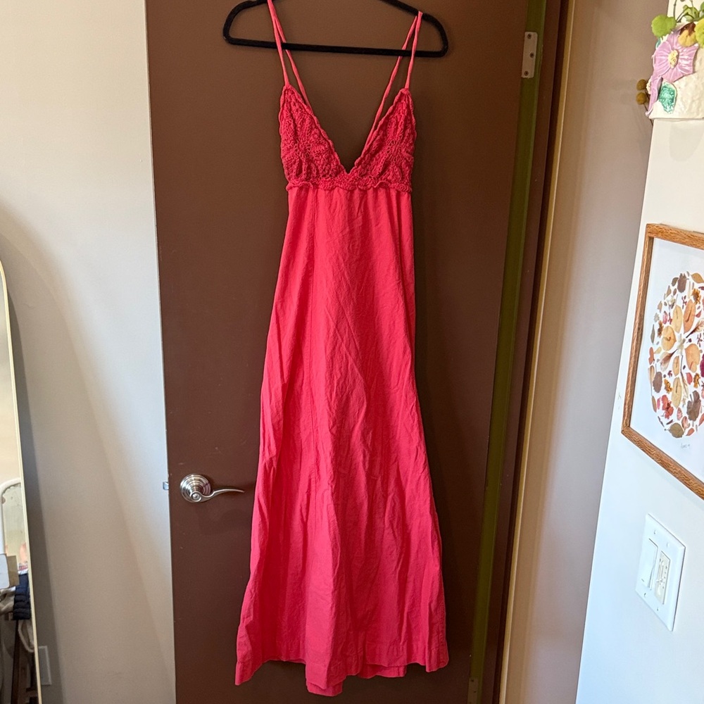 FREE PEOPLE Red Crochet Bust 100% Cotton Strappy Back Maxi Dress